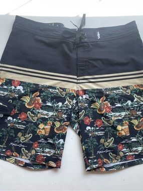 Maui and Sons Swim Board Shorts Size 36 Gray Tropical Floral Tiki Surf Print